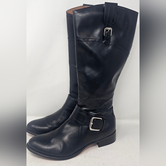 Corso Como Classic Black Leather Knee High Buckled Riding Boots Size 7.5M - Picture 1 of 16